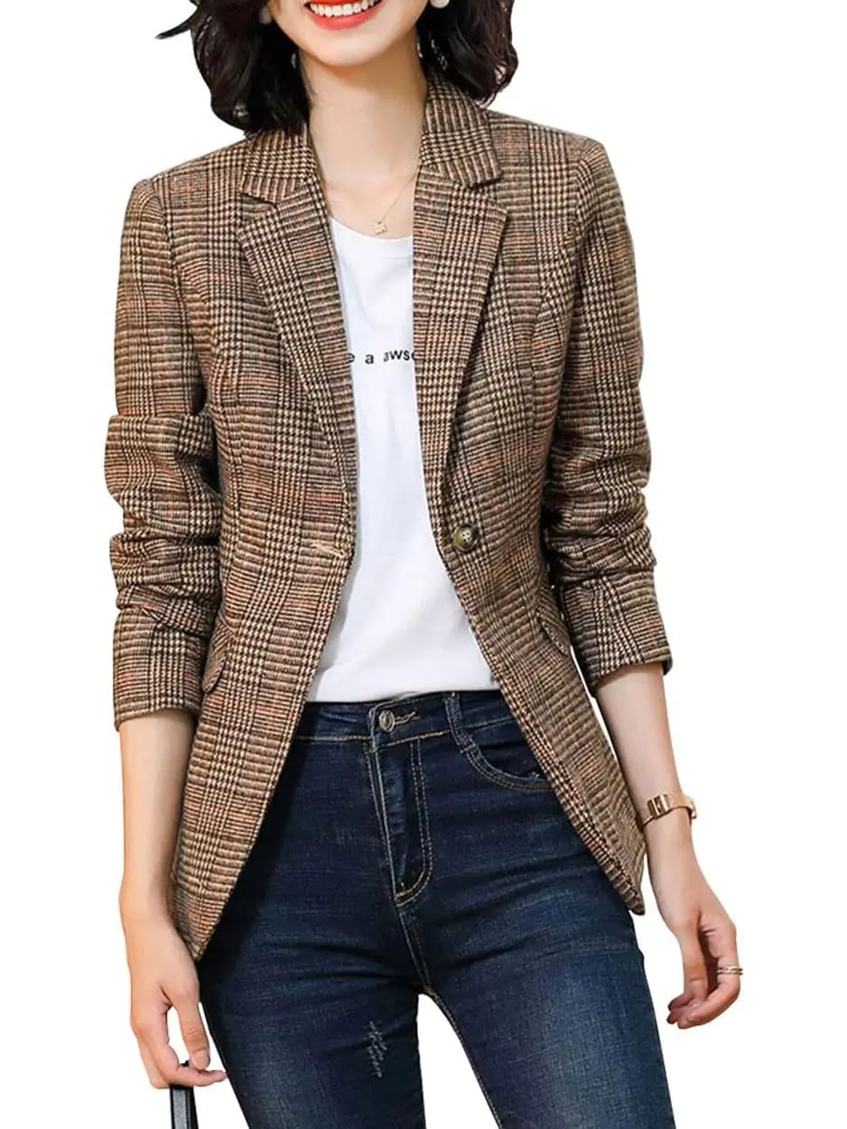 Loveimgs  Women's Classic Houndstooth Plaid Blazer Coat with Button Closure and Notch Lapel