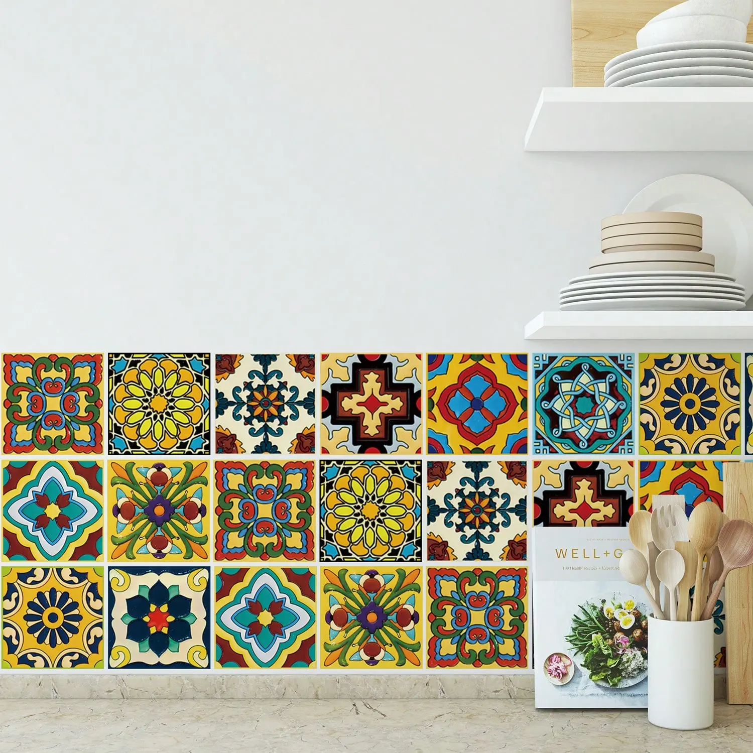 30pcs Mexican Style Self-Adhesive Wall Stickers, Tile Pattern Decals, Waterproof Living Room Kitchen Bedroom Wall Stickers, Stair Stickers, Home Wall Decoration, 4x4inch