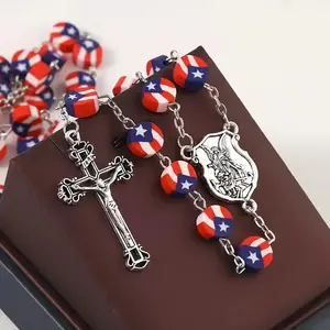Puerto Rico Flag Beaded Independence Day Cross Necklace, Prayer Baptism Rosary Necklace, For Teenager Meaningful Faith Design Cultural