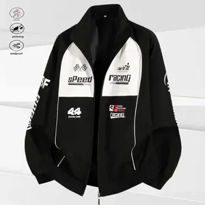 A black and white patchwork racing jacket, style leaning towards street fashion and sports competition, featuring strong visual impact with "speed" and "racing" text elements related to racing, as well as patterns, exuding an atmosphere of speed and passi