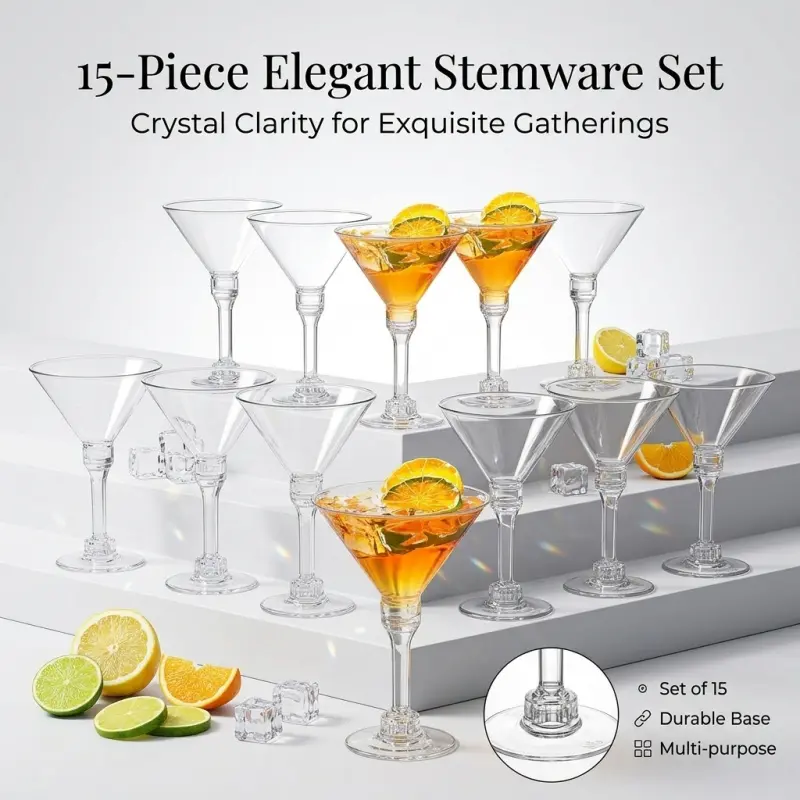 15-Piece Elegant Martini Glass Set, Crystal-Clear Stemware with Durable Base, Reusable Cocktail Glasses for Gatherings, Parties, Bars, Weddings & Daily Use