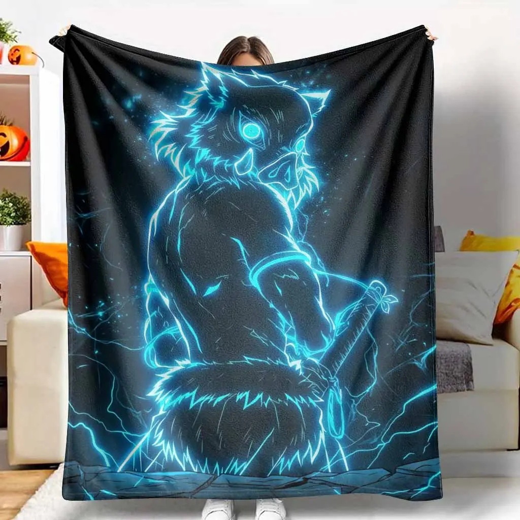 Demon Slayer Inosuke Hashibira Electric Blue Neon Glow Flannel Blanket, Japanese Anime Character Art Print, Ultra-Soft Plush Fleece, Hypoallergenic, Cozy Warm Lightweight, Gift for Anime Fans, Ideal for Home Sofa Bed