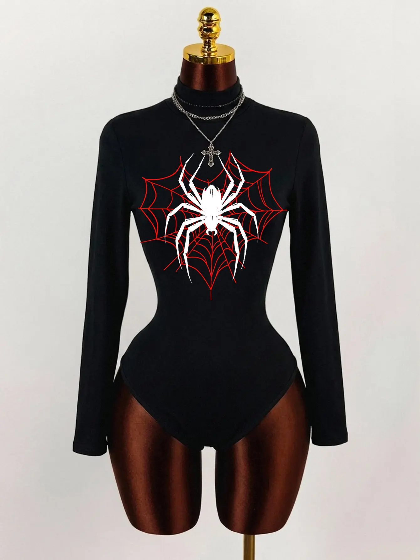 Women's Print Long Sleeve Bodysuit | Stand Collar Fitted One Piece With Spiderweb Graphic And Dark Y2K Gothic Style | Halloween Party Festival Concert Club Night Cosplay Going Out Outfit For Women