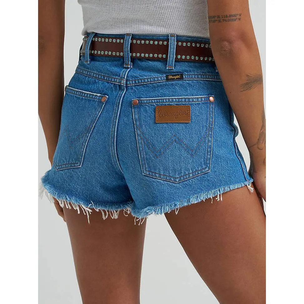 Wrangler Women's High-Rise Cowboy Cutoff Jean Shorts - Slim Fit, Midwash Denim, Raw Leg Hem, Non-Stretch 100% Cotton Women's Bottom, Lady, Jean Shorts For Women