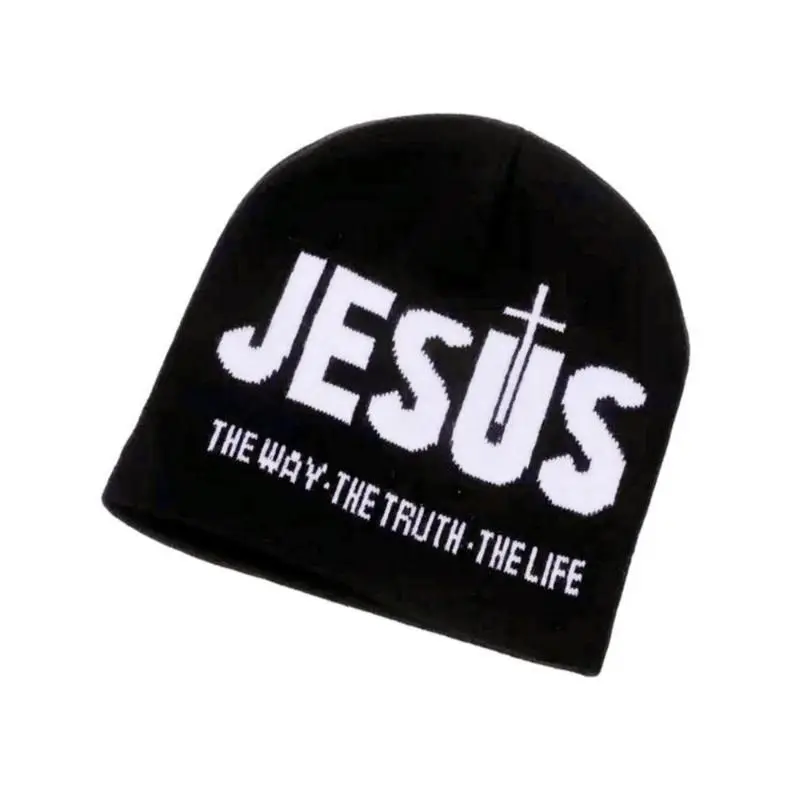 Y2k Women's Letter Jacquard Knit Beanie Hat - Soft Cotton, Heat Retain, Cross Print, Jesus Alphabet Design, Heart Accent, Stretch Warm Winter Cap, Streetwear Outfits, Ideal for Outdoor Sports & Daily Cold Weather Wear