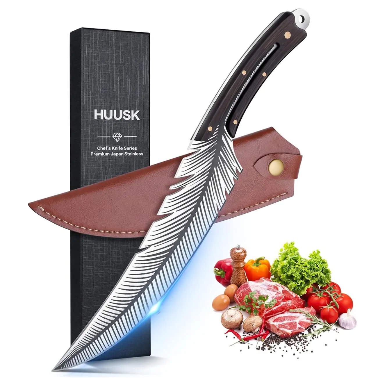 Huusk Professional Chef Knife-Hand-Forged High Carbon Steel Boning Knife, Sharp Feather Blade for Meat, Steak & Pineapple with Wooden Handle & Sheath– Perfect Father's Day  Gift!