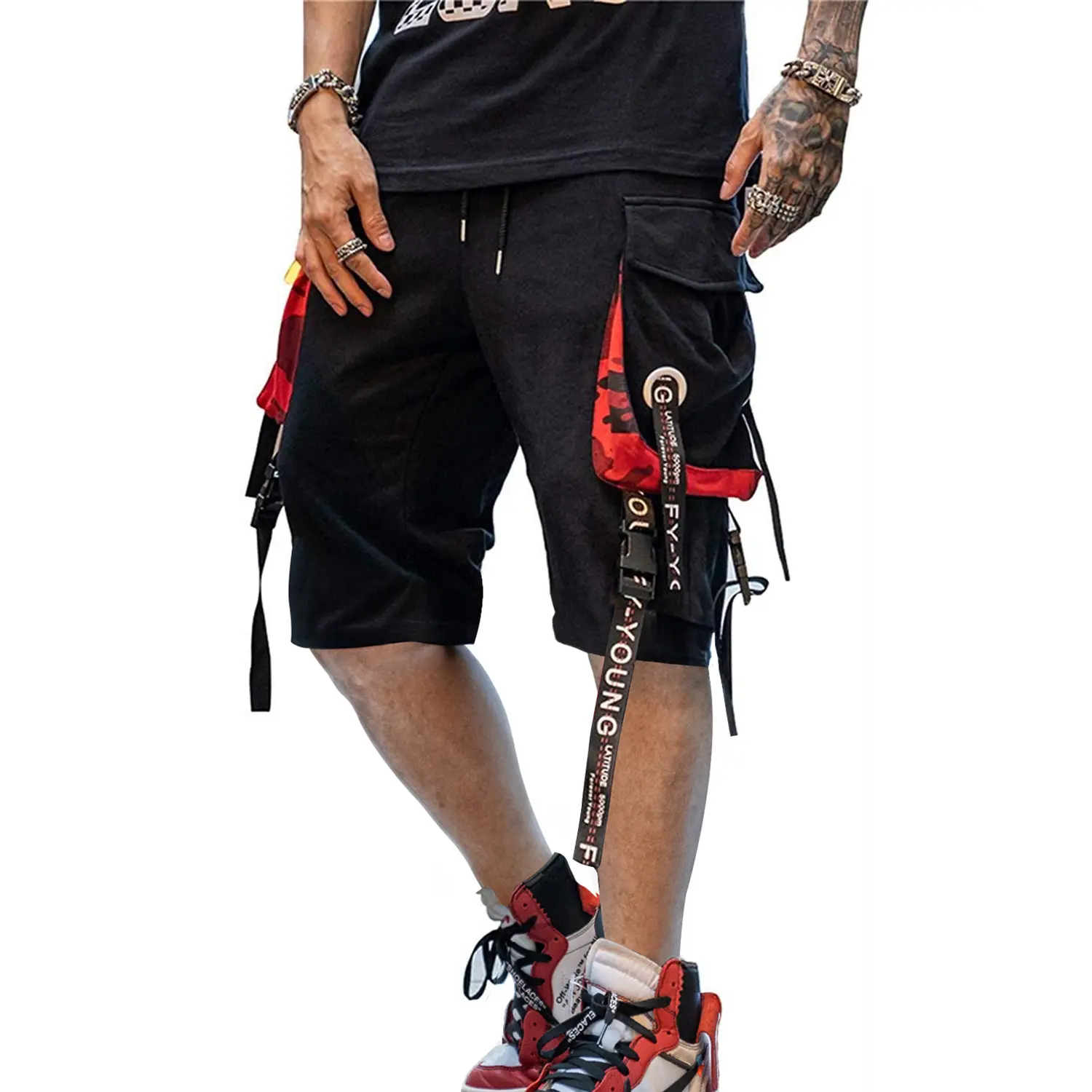 Men's Techwear Cargo Shorts - Drawstring, Stretch Fabric, Pocketed Design, Black - Summer Beach, Outdoor Wear, Casual Jorts