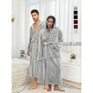 Couple's Solid Belted Hooded Flannel Robe, Casual Long Sleeve Pocket Design Bathrobe, Warm Comfy Couple Sleepwear for Fall & Winter