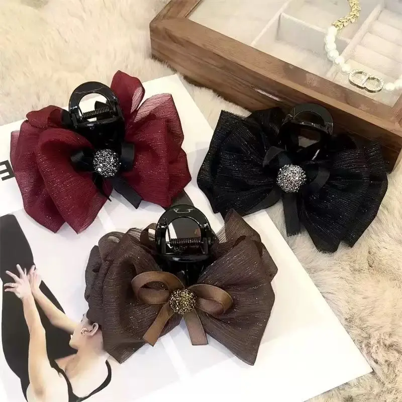 3Pcs Elegant Red Bow Hair Clip for Women's Summer Hairstyles with Silver Elements and Versatile Use as Shawl Hairpin or Party Accessory