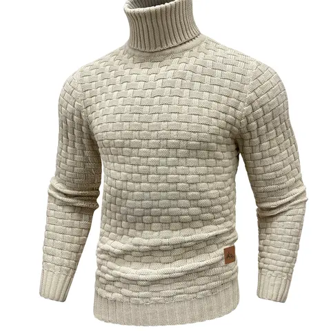 Men’s Woven High-Mock Neck Knitwear - Thick Textured Heavyweight Long-Sleeve Winter Pullover, Solid Color Warm Layer with Leather Patch, Grid Detail & Stitched Hem, Menswear Casual Top