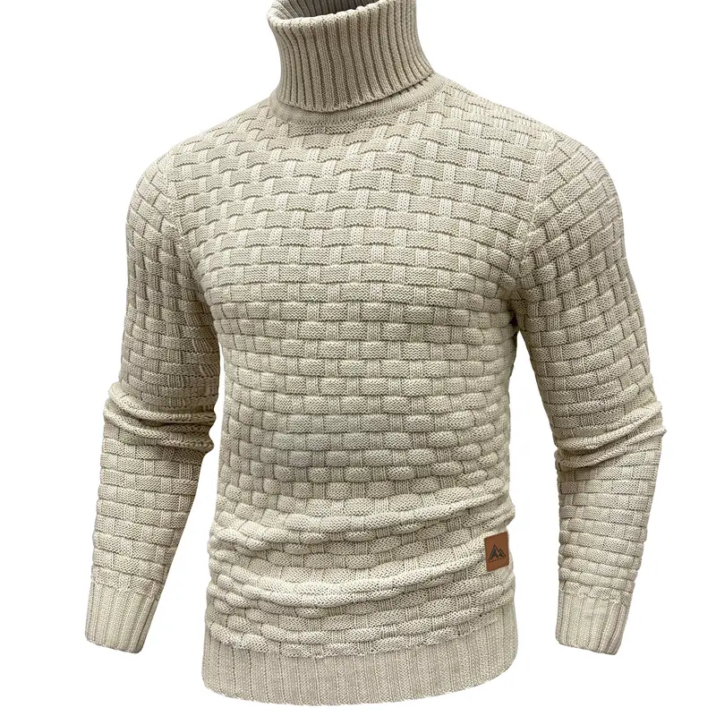 Men’s Woven High-Mock Neck Knitwear - Thick Textured Heavyweight Long-Sleeve Winter Pullover, Solid Color Warm Layer with Leather Patch, Grid Detail & Stitched Hem, Menswear Casual Top