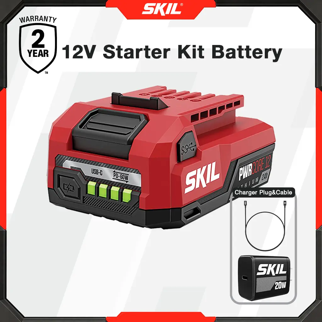 SKIL PWR CORE 12 12V Starter Kit, Including 2.0Ah USB-C Battery and 20W PD USB Charger for Automotive & Motorcycle Car Electronics