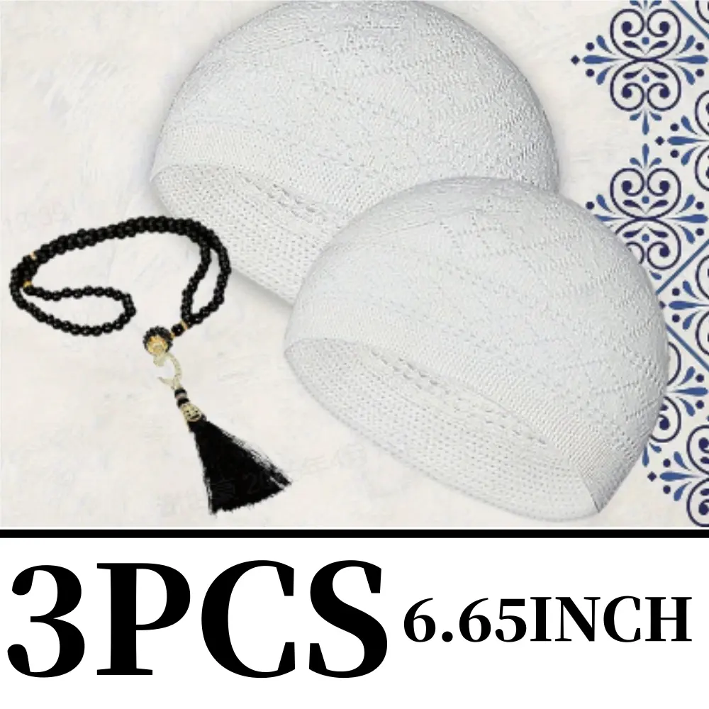 Men's 3PCS 100% Breathable Crochet Kufi Hats - 1 Size Muslim Taqiyah Handicraft Skull Beanie with 99-Bead Tasbih Prayer Beads for Sports & Outdoor Use, One Size
