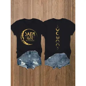 Shirts Women Women's Salem 1692 Witchcraft Graphic Tee - 180gsm Cotton Double Sided Printed Casual Tee with Crescent Moon and Star Graphic, Crew Neck Short Sleeve Top, Spring Summer, Summer Clothing | Fashionable Casual Wear | Breathable Fabric