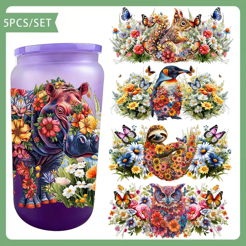 Premium 5pcs 16oz UV DTF Cup Wrap Stickers, Floral Animal Themed DIY Decor Stickers, Printed Craft Stickers For Tumblers, Cups & Daily DIY Projects