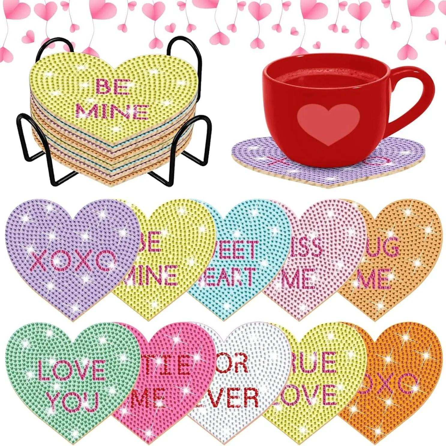 10 DIY diamond art painting sets, festival gifts, Diamond Painting Kits, diamond-painted coasters, anti-slip mats, home decoration, beginner's diamond painting sets, heart-shaped coasters with dimensions of 9cm*10cm/ 3.5-inch * 3.9-inch
