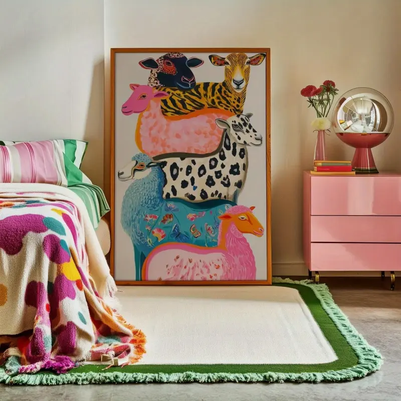 2D print, 1 piece wall decoration, vintage poster, featuring a dopamine sheep art print, using pink, blue, and orange colors, in a pop art style. Room decoration, perfect for enhancing the aesthetic appeal of the living room or bedroom