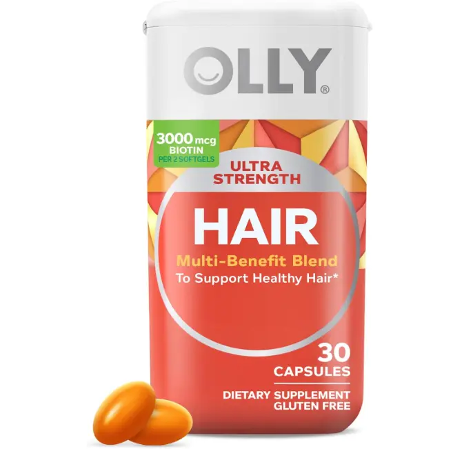 OLLY Ultra Strength Hair Softgels, Supports Hair Health, Biotin, Keratin, Vitamin D, B12, Hair Supplement, 30 Day Supply - 30 Count (Packaging May Vary)