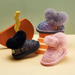 Baby Girl Sparkly Snow Boots with Fleece-Lined Thickened Soft Sole, Glittery Pink Low-Top Winter Shoes with Heart Pom-Poms & Closure for Toddlers Infants Outdoor Play, Cute Cartoon Pattern Winter Boots zipper