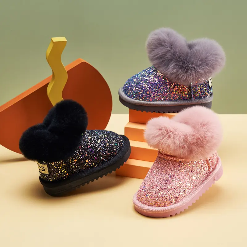 Girls' Glitter Snow Boots for 5-6 Years, Baby Toddler Infant Fleece-Lined Thick Soft Sole Low-Top Pink Winter Shoes with Heart Pom-Poms, Cartoon Pattern & Zipper Closure for Outdoor Play