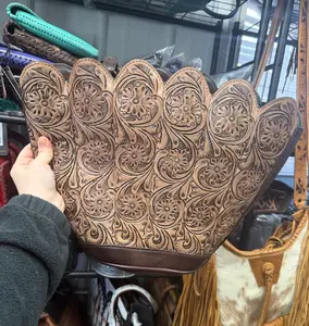 Genuine hand tooled leather & cowhide bucket style shoulder bag