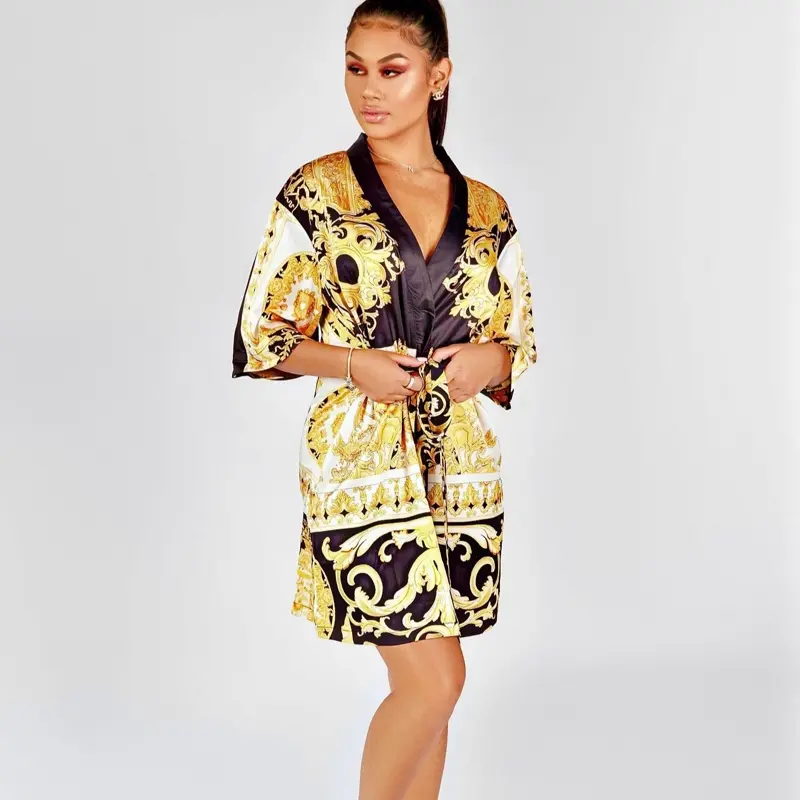 Black, Yellow and White Baroque Women's Short Robe, Kimono Style with Pockets and attached belt- Womens Loungewear Stretchy  Womenswear