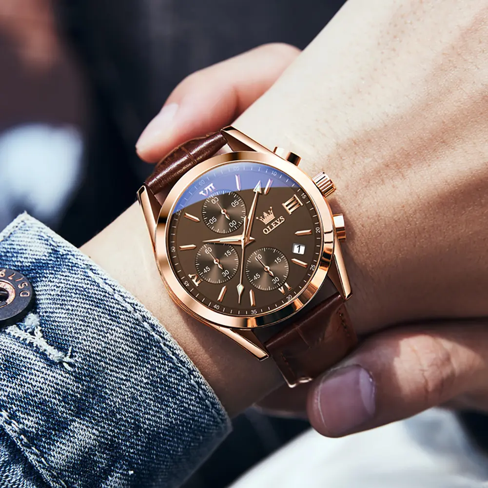 Brown Leather Strap Men's Watch Waterproof OLEVS Men's Quartz Watch
