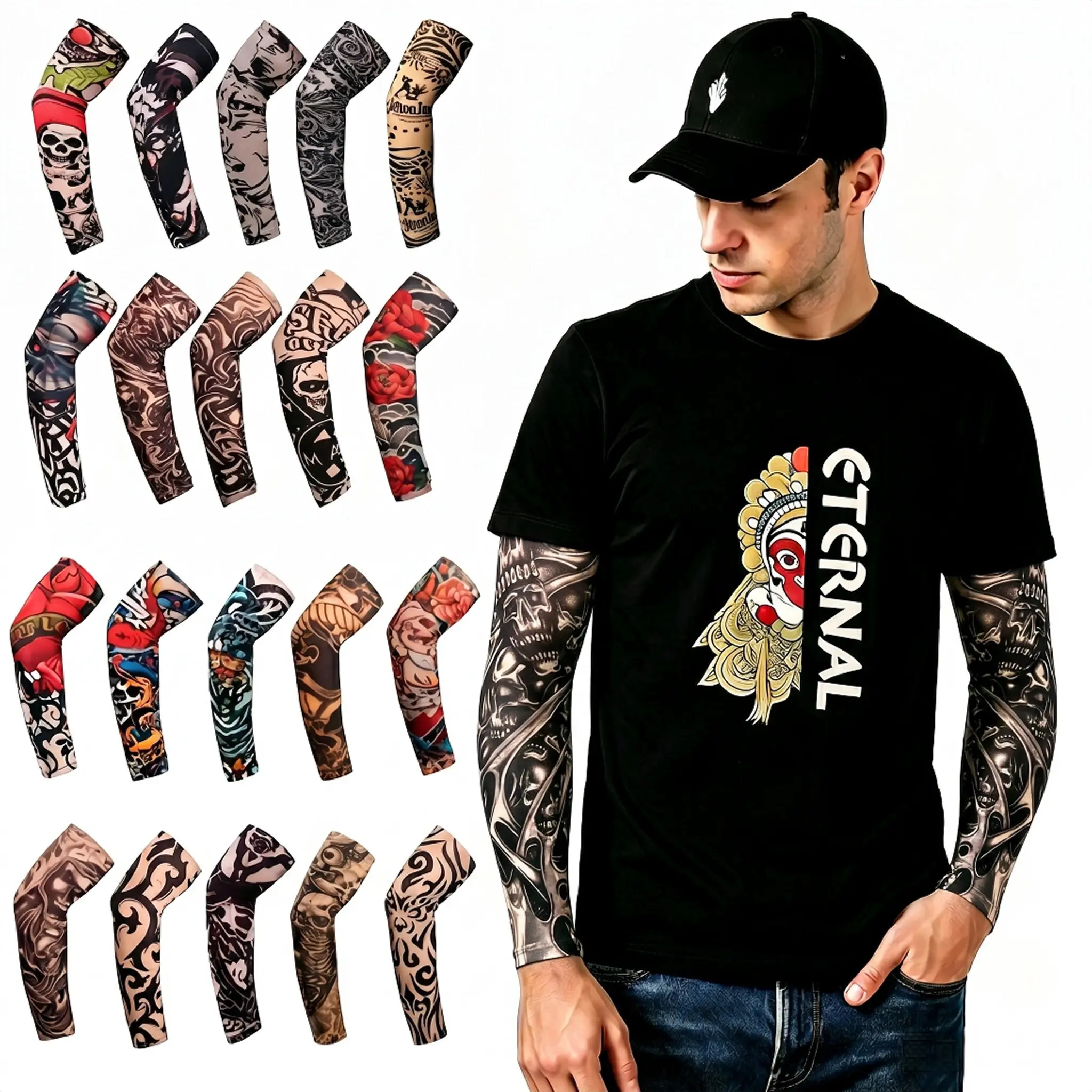 10Pcs Nylon-8% Elastane Temporary Tattoo Cooling Arm Sleeves Cover, 1-Size Outdoor Arm Sleeve for Men, UV Protection Breathable Motorcycle Automotive Protective Gear, Halloween Costume Accessory
