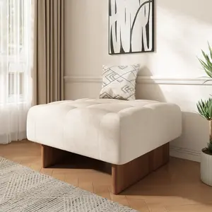 Square Upholstered Tufted Linen Fabric Ottoman,  Solid Wood Legs,  Beige