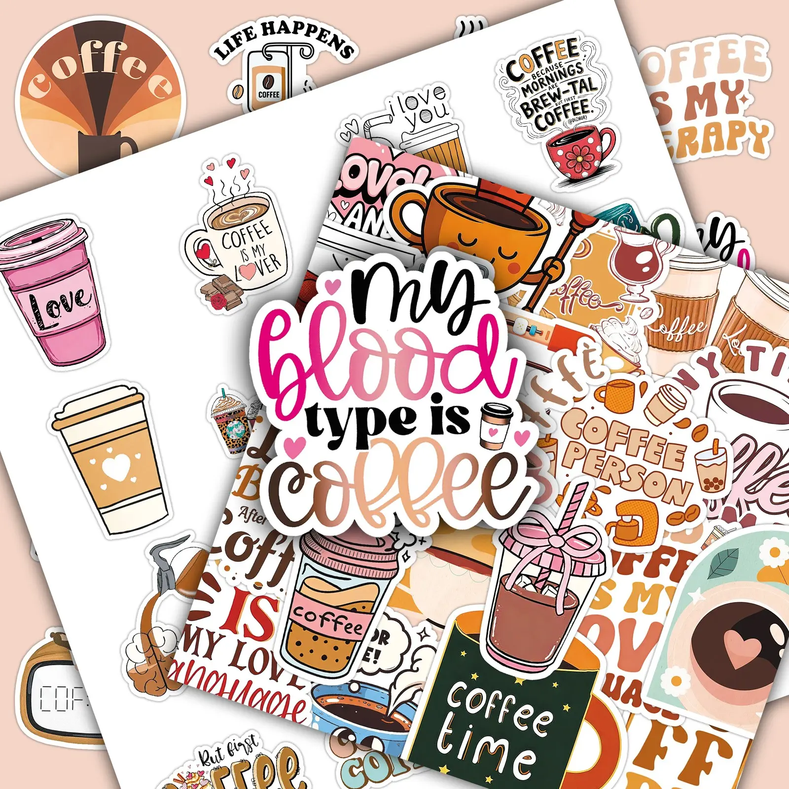 50 Sheets Coffee Stickers — Creative, Cute, and Fresh DIY Decor Accessories, Cellphone Accessory for Cellphone, Scrapbooks, Water Bottles, and Phone Cases