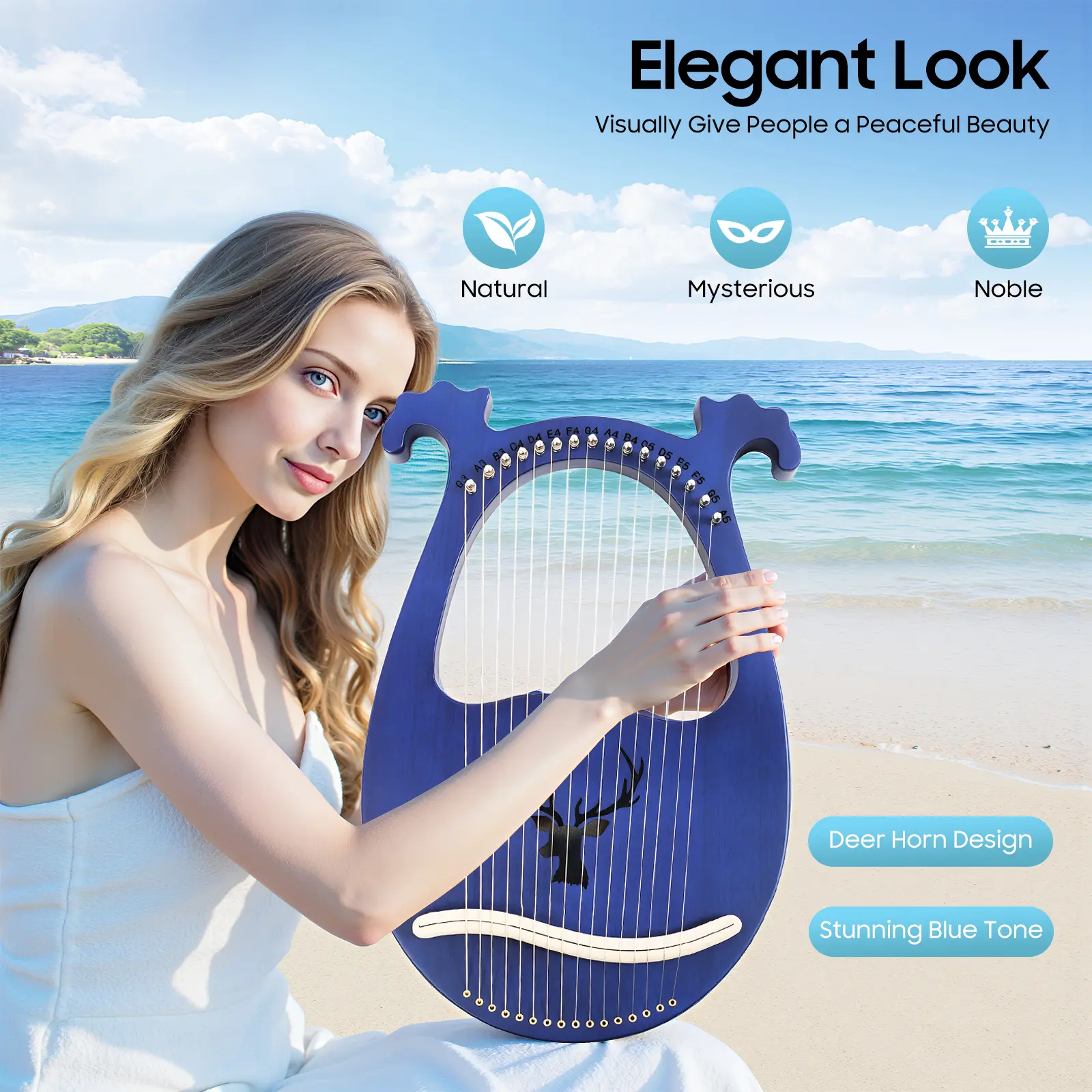 2025 Viral 16-String Solid Mahogany Lyre Harp with Antler Design, Blue, Smooth Rounded Edges, Easy-to-Clean, Ideal for Home & Travel, Elegant Natural Mysterious Noble Look, Summer Outdoor Fun