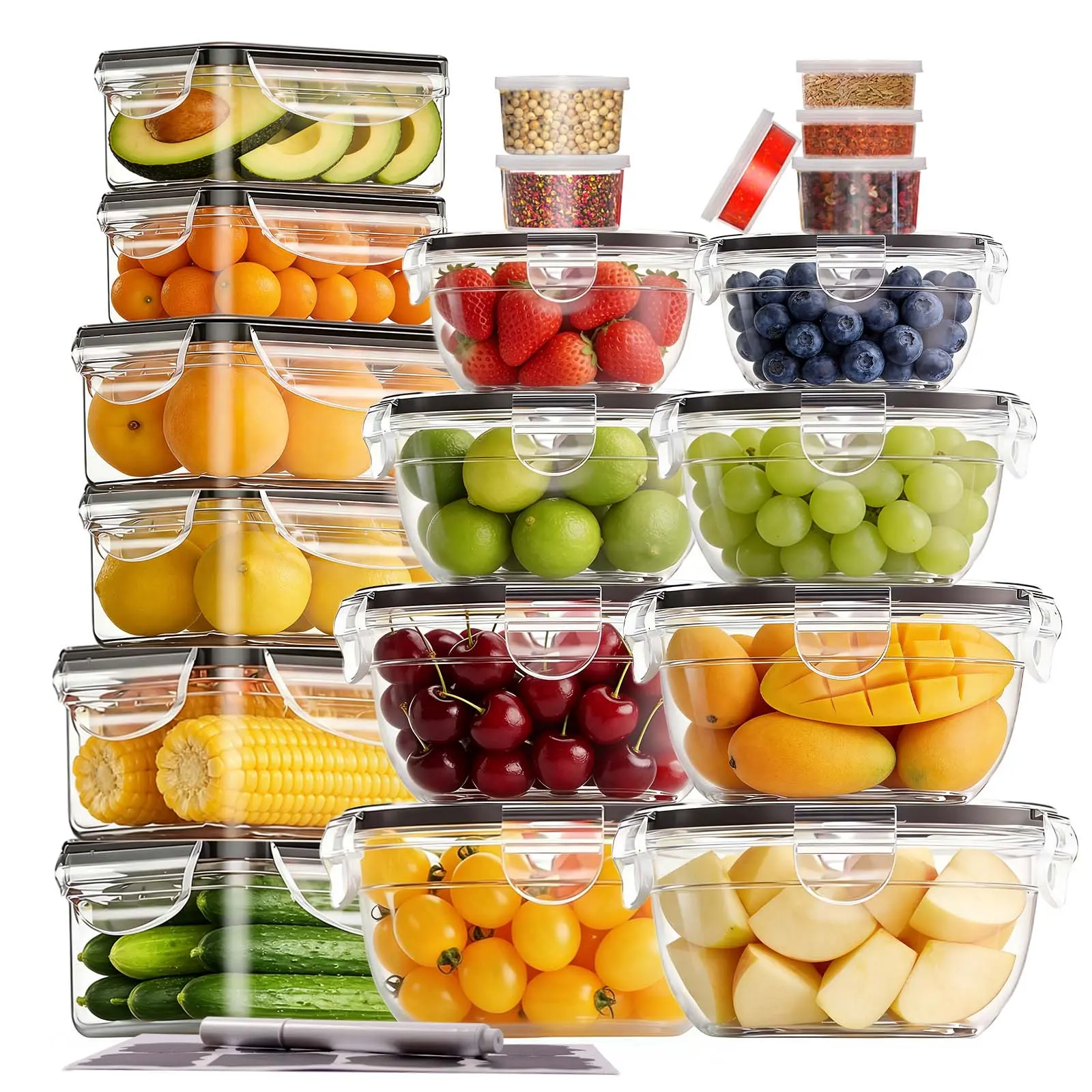 42Pcs Food Storage Containers with Lids Airtight 21 Lids 21 Containers Kitchen Organization Meal Prep Containers with Labels Marker Pen Fridge Organizer Stackable Plastic