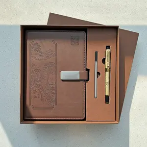 CHINSIKOL A5 Notebook Set with Pen Box, Retro Faux Leather Cover, Embossed Landscape Design, Office Record Keeping, Gift for Clients and Elders, Stationery Office Supplies