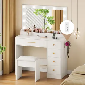LAKEMID Vanity Desk Set with Large LED Mirror & Adjustable Lighting, 5 Drawers, Stool, 2 AC Outlets, 2 USB Ports, Modern White Dressing Table light up with LED Bulbs and Stool gifts for wives Charging Station