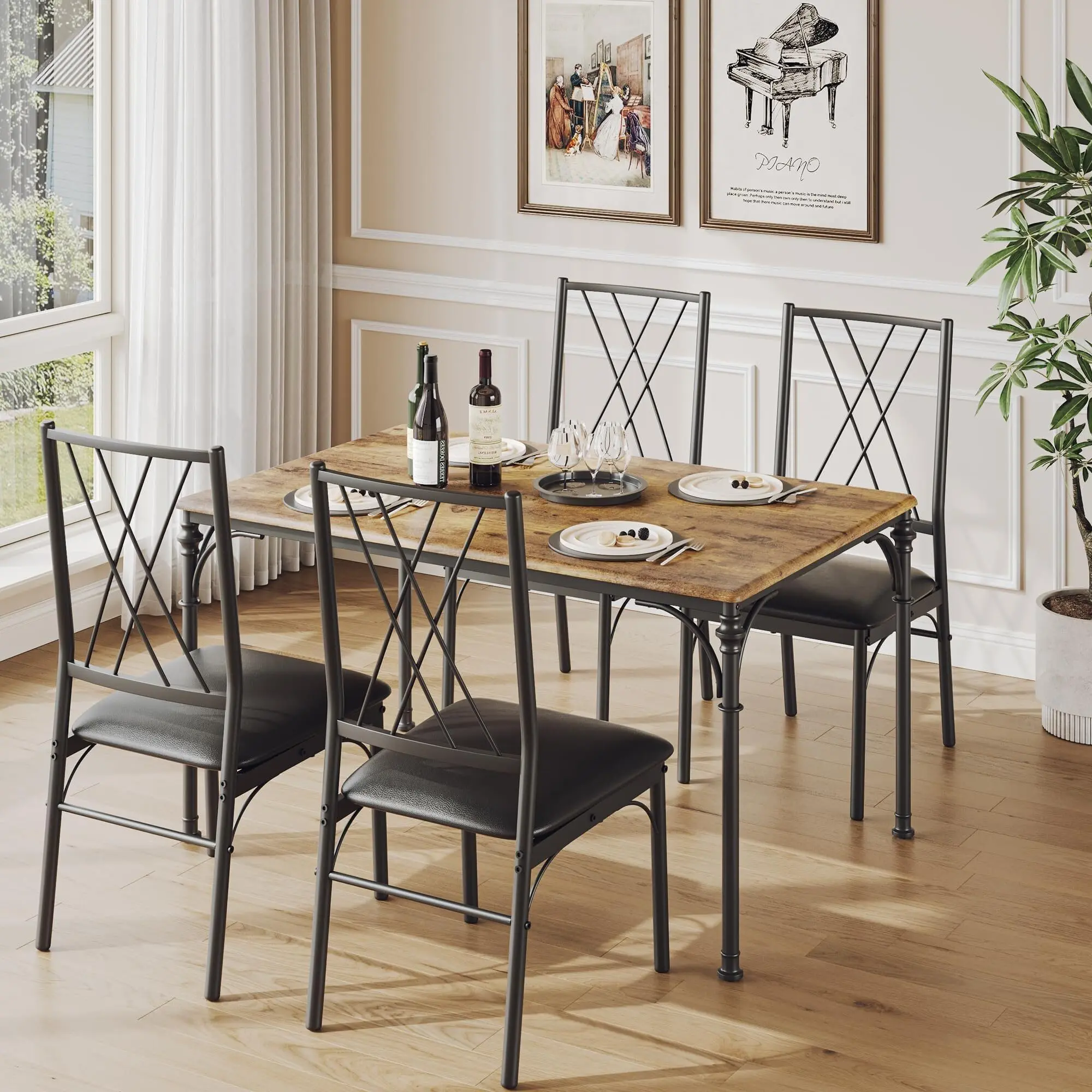 Rustic Brown 3-Piece Vintage Dining Set: Upholstered Bench & Space-Saving Table for 4-6, Compact Kitchen/Dining Room Set for Apartments/Small Spaces