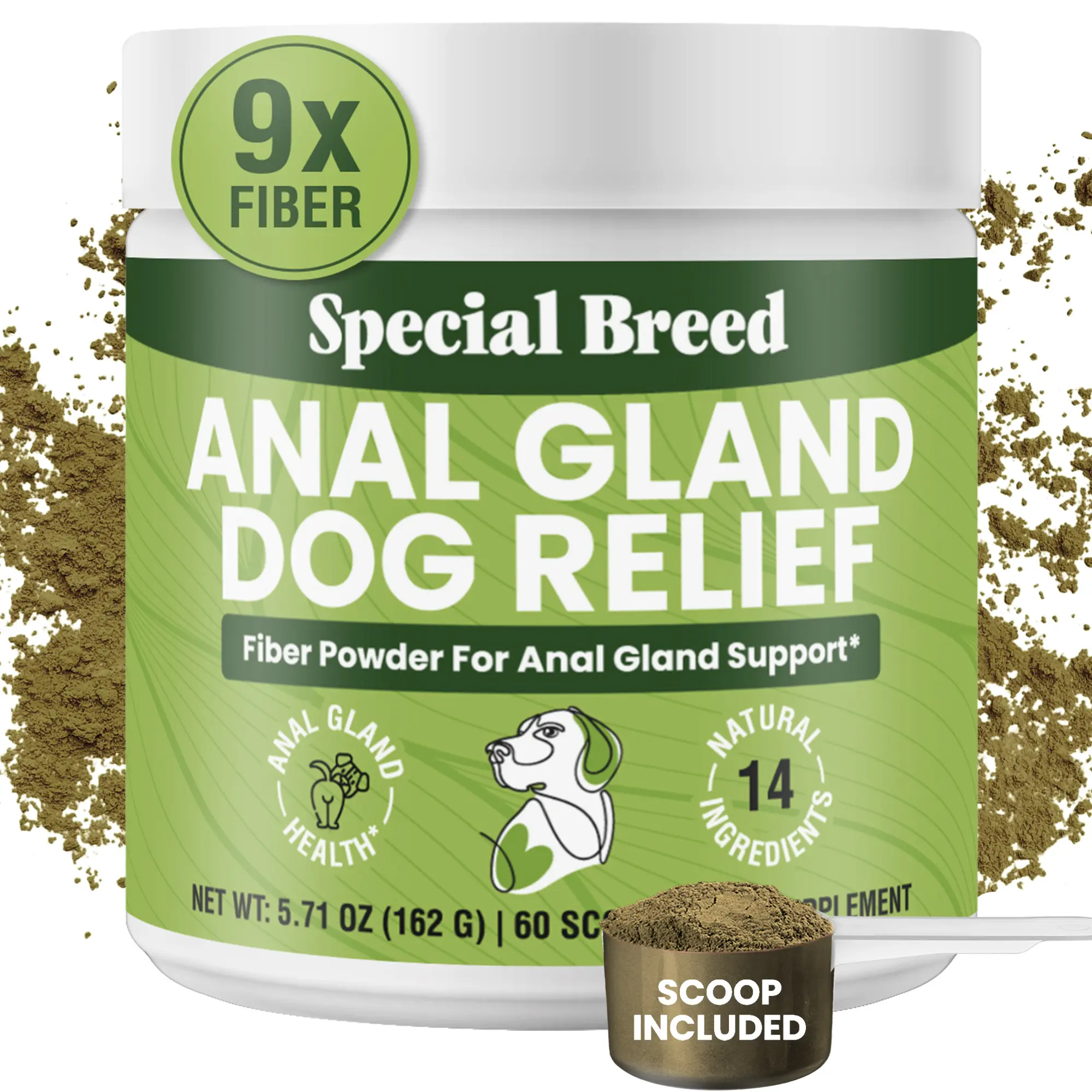 Dog Anal Gland Relief High Fiber Powder - 9X Fiber Power Digestive Supplement, 14 Natural Components Natural Mix - Supports Firm Stools, Healthy Gut - 60 Scoops