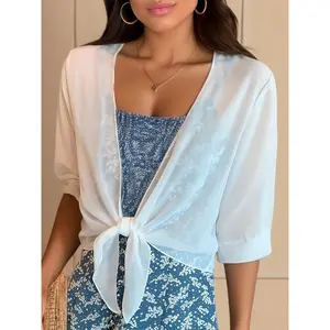 Women's Summer Solid Color Chiffon Cardigan, Half Sleeve Short Tie Knot Open Front Shrugs, Ultra Thin Lightweight Sheer Sunscreen Cover Ups for Dresses