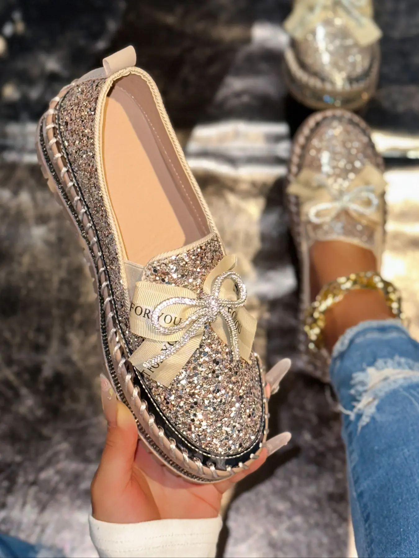 Women's Shiny Casual Sneakers, Elegant Low-Top Round Toe Synthetic Cover Shoes, Half Slip On Shoes, Comfortable All-Season Tpr Sole, Fashionable Ladies Footwear