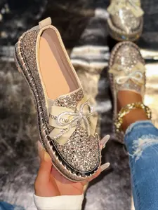 Women's Shiny Casual Sneakers, Elegant Low-Top Round Toe Synthetic Cover Shoes, Slip On Shoes, Comfortable All-Season Tpr Sole, Fashionable Ladies Footwear