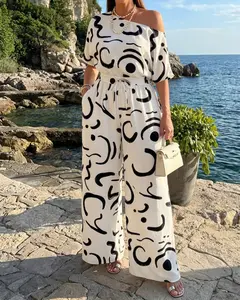 CHICME Women's Abstract Print Skew Neck Jumpsuit High Waisted Drawstring Wide Leg Romper with Pockets