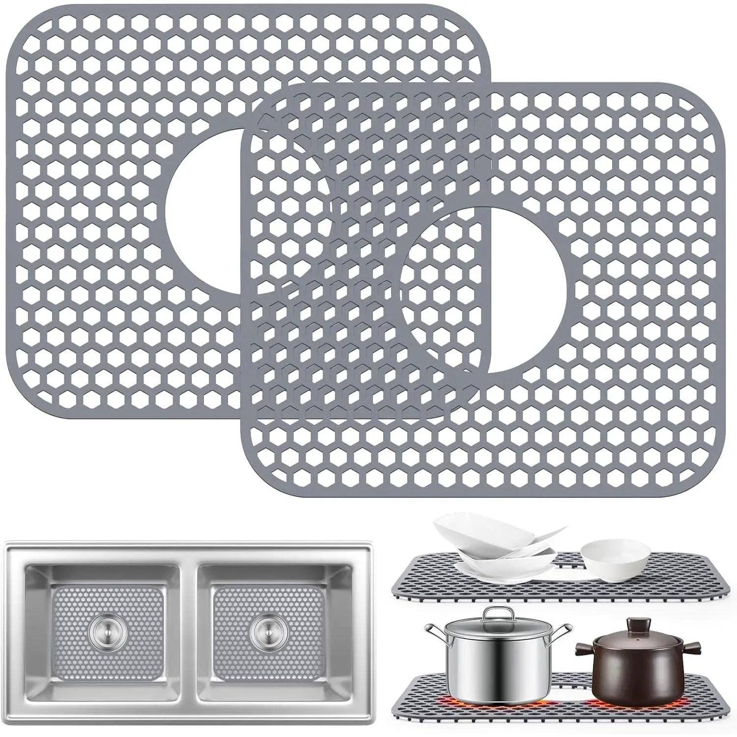 2 Pcs Sink Protectors for Kitchen Sink, 13.5''x 11.6'' Rubber Sink Mat, Grid with Center Drain, Upgrade Heat Resistant & Non-Slip, Perfect for Bottom of Farmhouse Stainless Steel Porcelain Sink