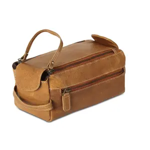 Genuine Buffalo Leather Toiletry Bag – Unisex Travel Dopp Kit (Distressed Yellow Tan)