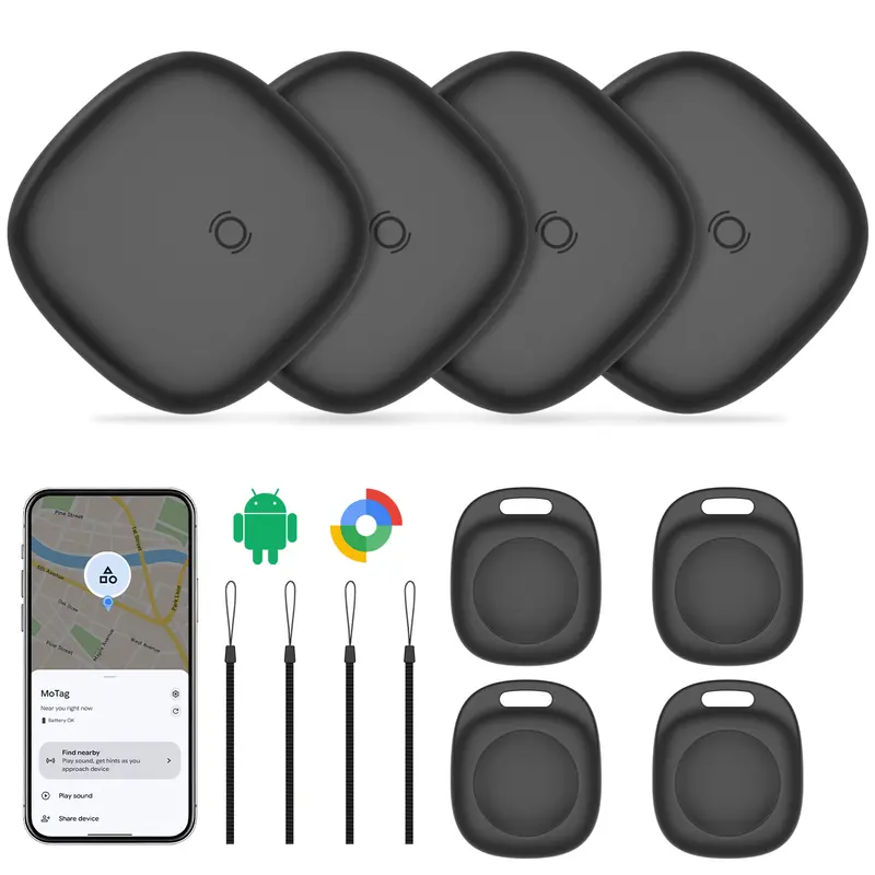 Smart Tag Bluetooth Key GPS Trackers (2-Pack/4-Pack) - Compact Bluetooth Connectivity Item Locator for Android, Compatible with Google Find My Hub App, for Wallets/Backpacks/Suitcases, Black with Lanyard
