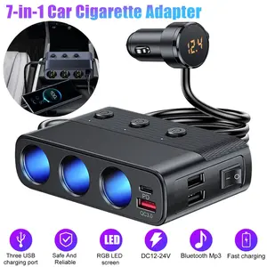 7-In-1 Car Charger Splitter with LED Voltage Display, Multi-Port Car Charger, 12V-24v Cigarette Lighter Socket Splitter, 3 USB Ports, Car Charger Adapter