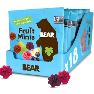 BEAR Real Fruit Snack Minis, Raspberry/Blueberry, No added Sugar, All Natural, Bite Sized Snacks for Kids, Non GMO, Gluten Free, Vegan, 0.7 Oz (Pack of 18)