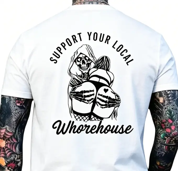Men's Graphic T-shirt with Edgy Skeleton Print, Biker Humor Shortsleeve Cotton Blend Top, Round Neck Streetwear Menswear, Tshirt