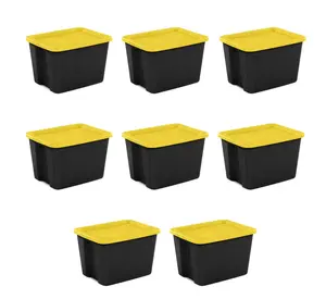 Large Storage Bin, 18 Gallon Durable Plastic Storage Tote with Snap-On Lid, Black and Yellow, 8 Pack