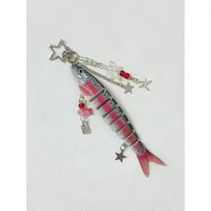 Novelty Star Fish Keychain, Fishing Enthusiasts Creative Fish Bait Keychain, Jointed Design Fish Keychain with Beaded Charm, Fishing Lure Keychain Realistic Fish Keyring Bag Backpack Charm, Good Luck Aesthetic Fish Key Pendant Trinket, Keychain Kawaii