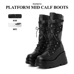 CYNLLIO Womens Goth Platform Mid Calf Boots Chunky High Heel Round Toe Wedge Boot Zipper Closure Lace Up Outing Concert Holiday Dress Spring Summer Motorcycle Rave Combat Boot