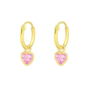 Gold Plated 925 Silver Hoop Earrings with Hanging Heart CZ Pink